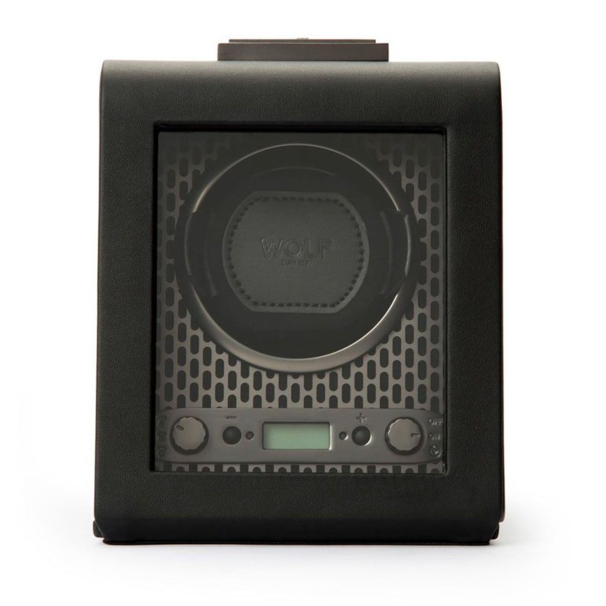 Black single watch winder with circular winding door and control panel