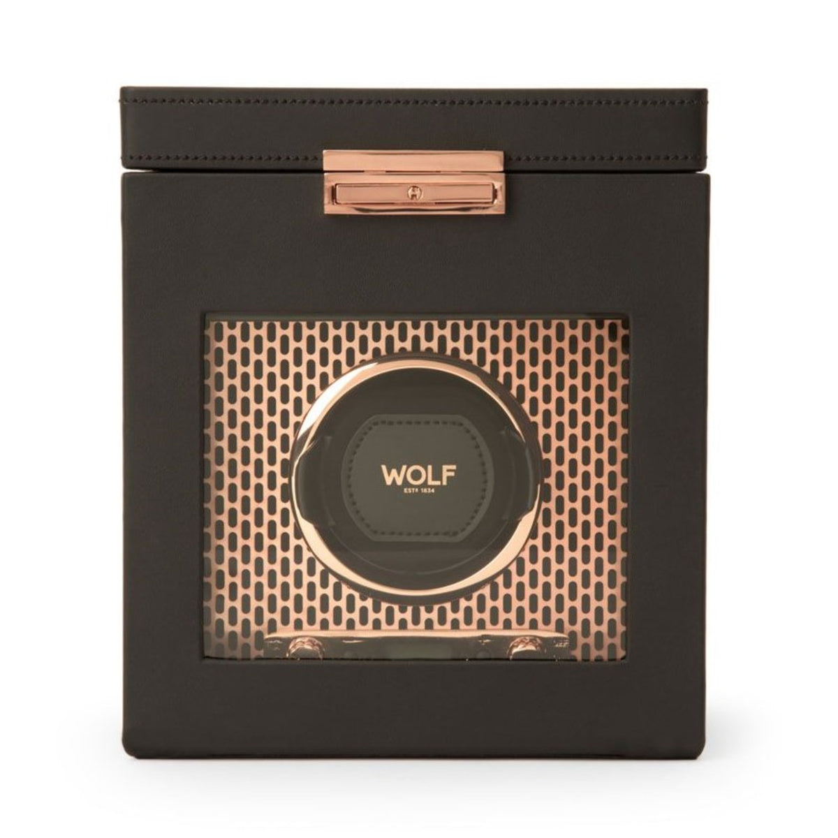 Black single watch winder box with copper-tone front window and WOLF logo.