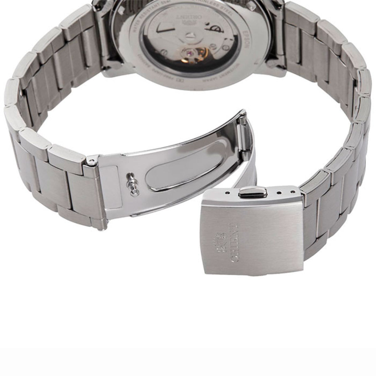 Orient Contemporary RA-AA0C01B39B steel link bracelet featuring open folding deployment clasp