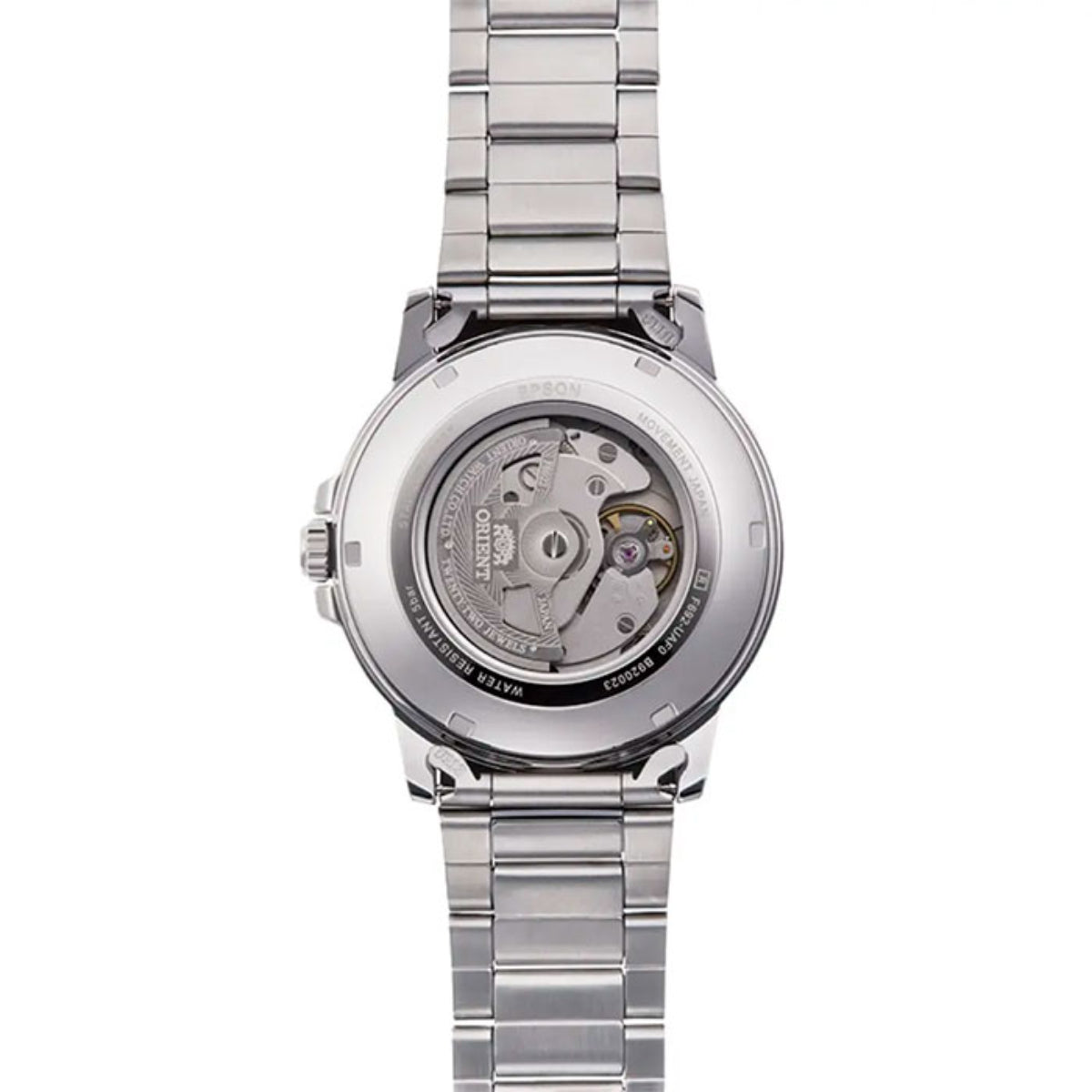 Rear view of Orient Contemporary RA-AA0C01B39B self-winding watch showing exhibition skeleton case back and rotor movement
