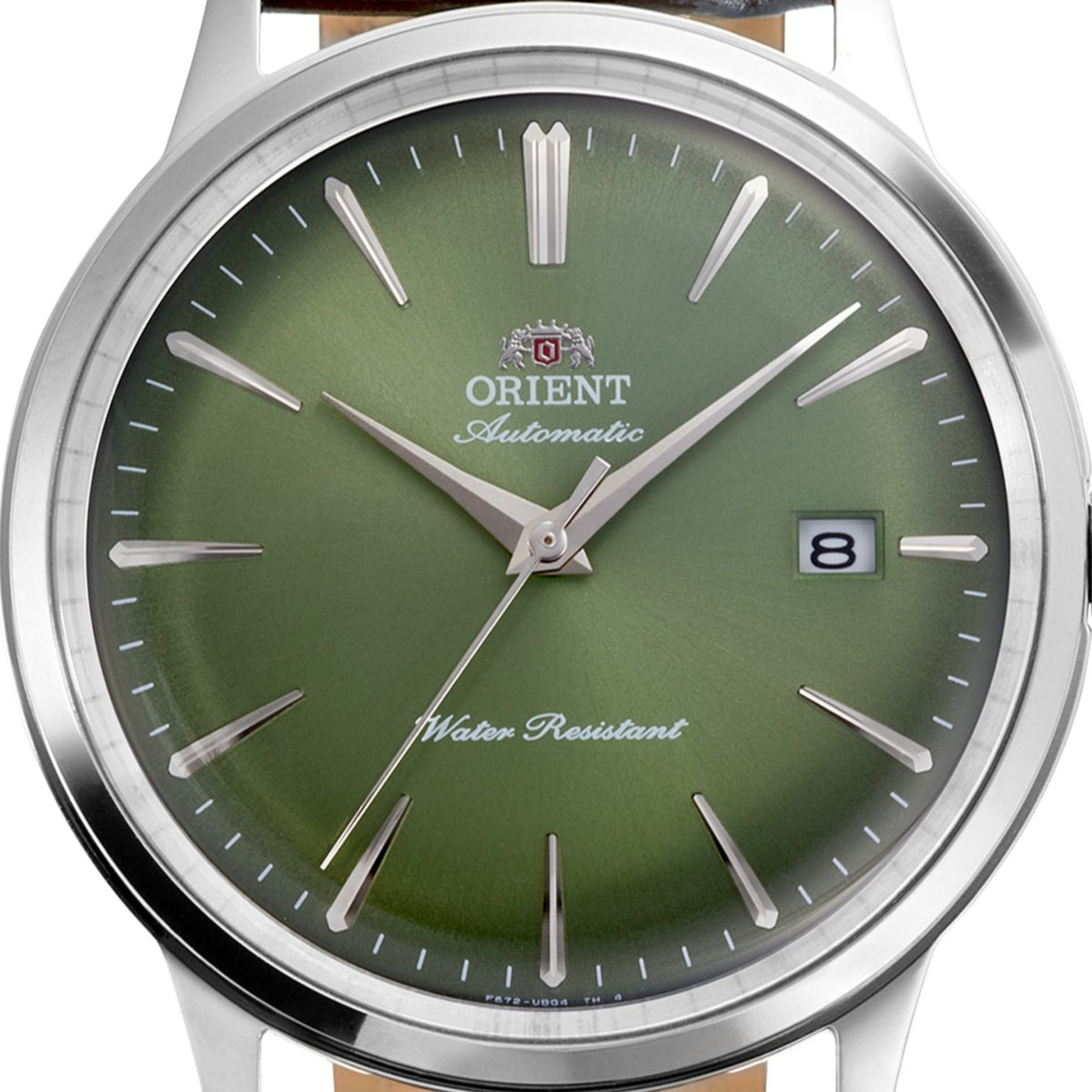 Orient Bambino RA-AC0029E30B green dial with date display close-up