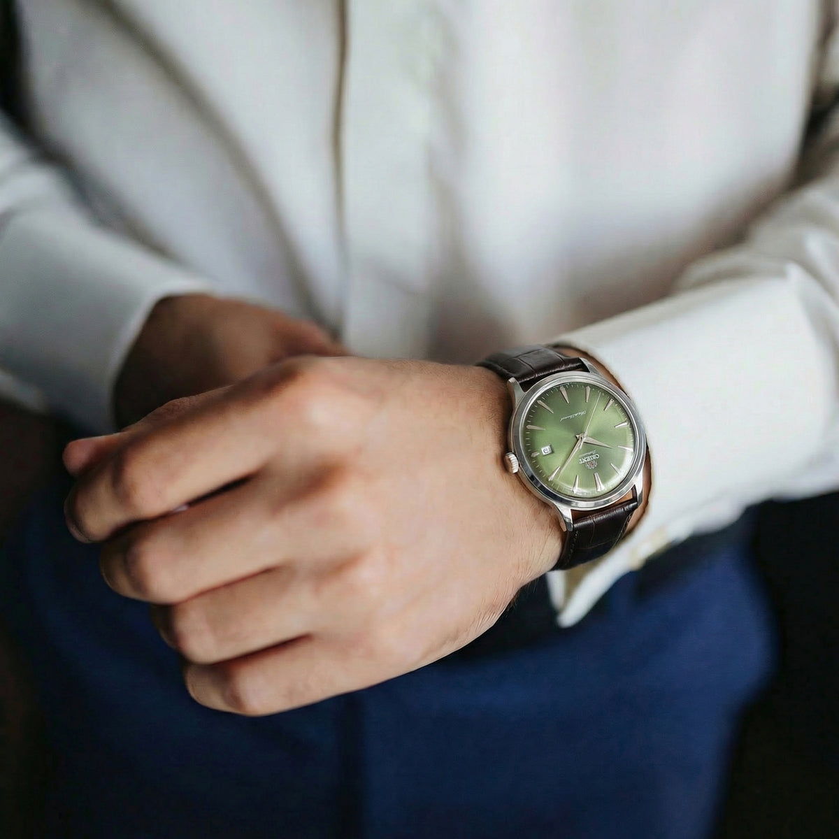 Orient Bambino RA-AC0029E30B automatic dress watch worn on wrist