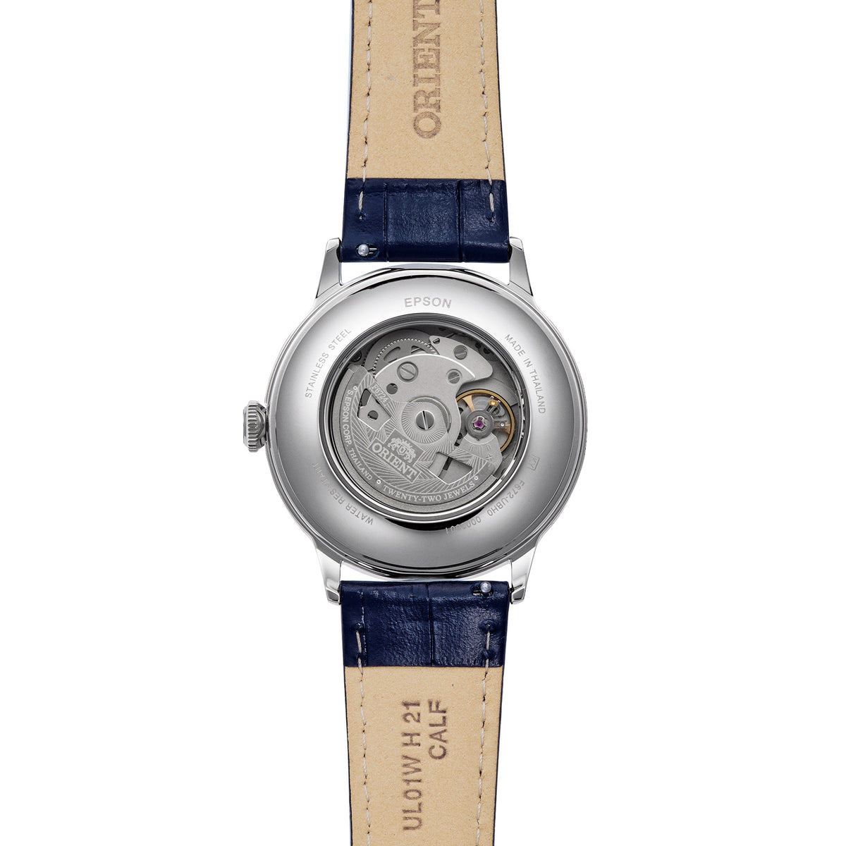 Orient Bambino RA-AC0030L30B blue leather strap detail