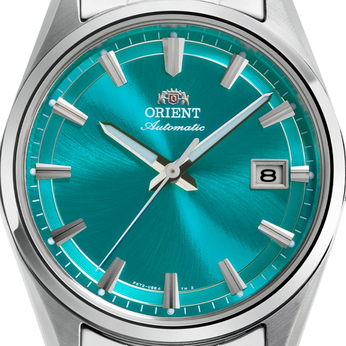 Front view of an Orient Stretto automatic watch dial in turquoise with a date window