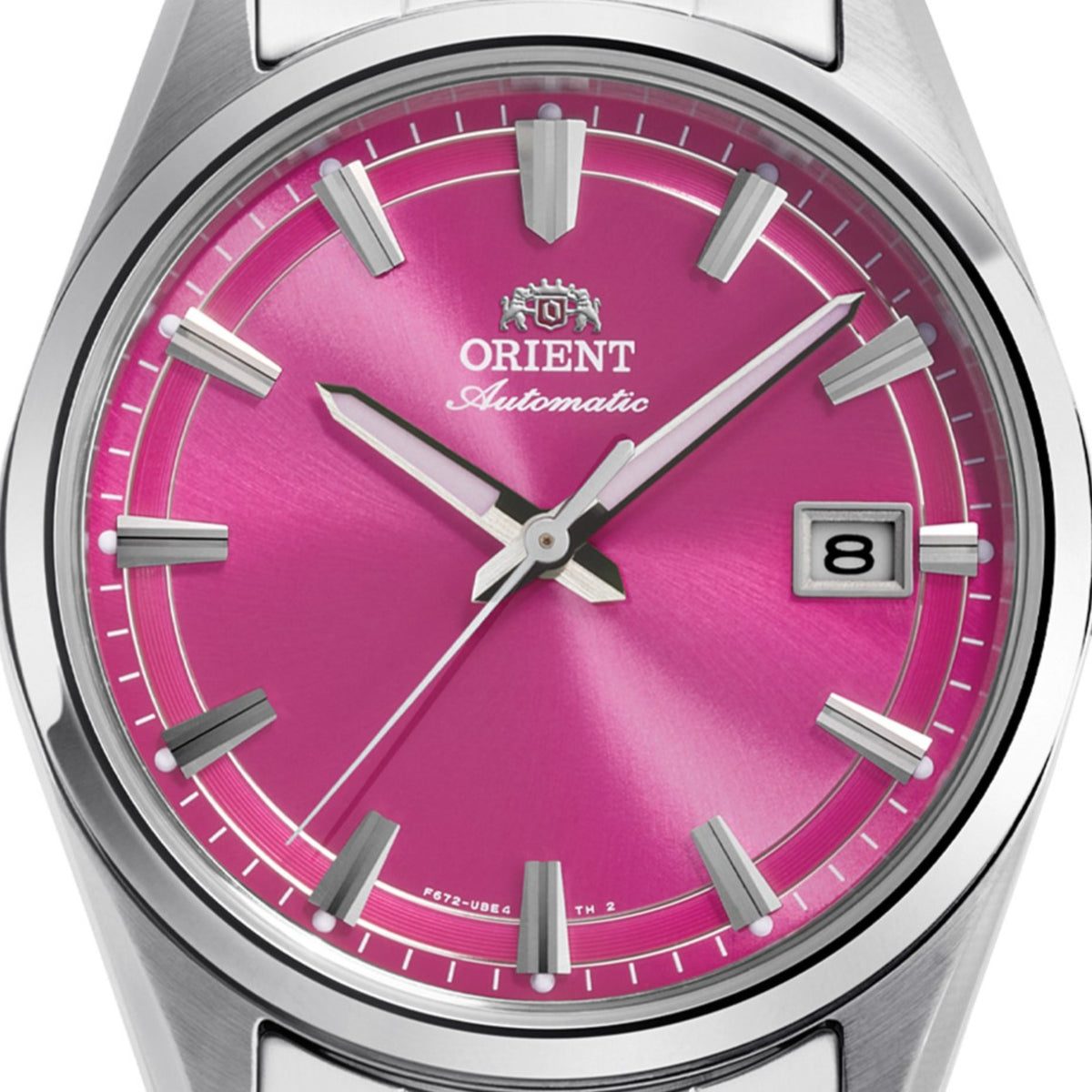 Orient Stretto RA-AC0R07P30B pink sunburst dial with date display close-up
