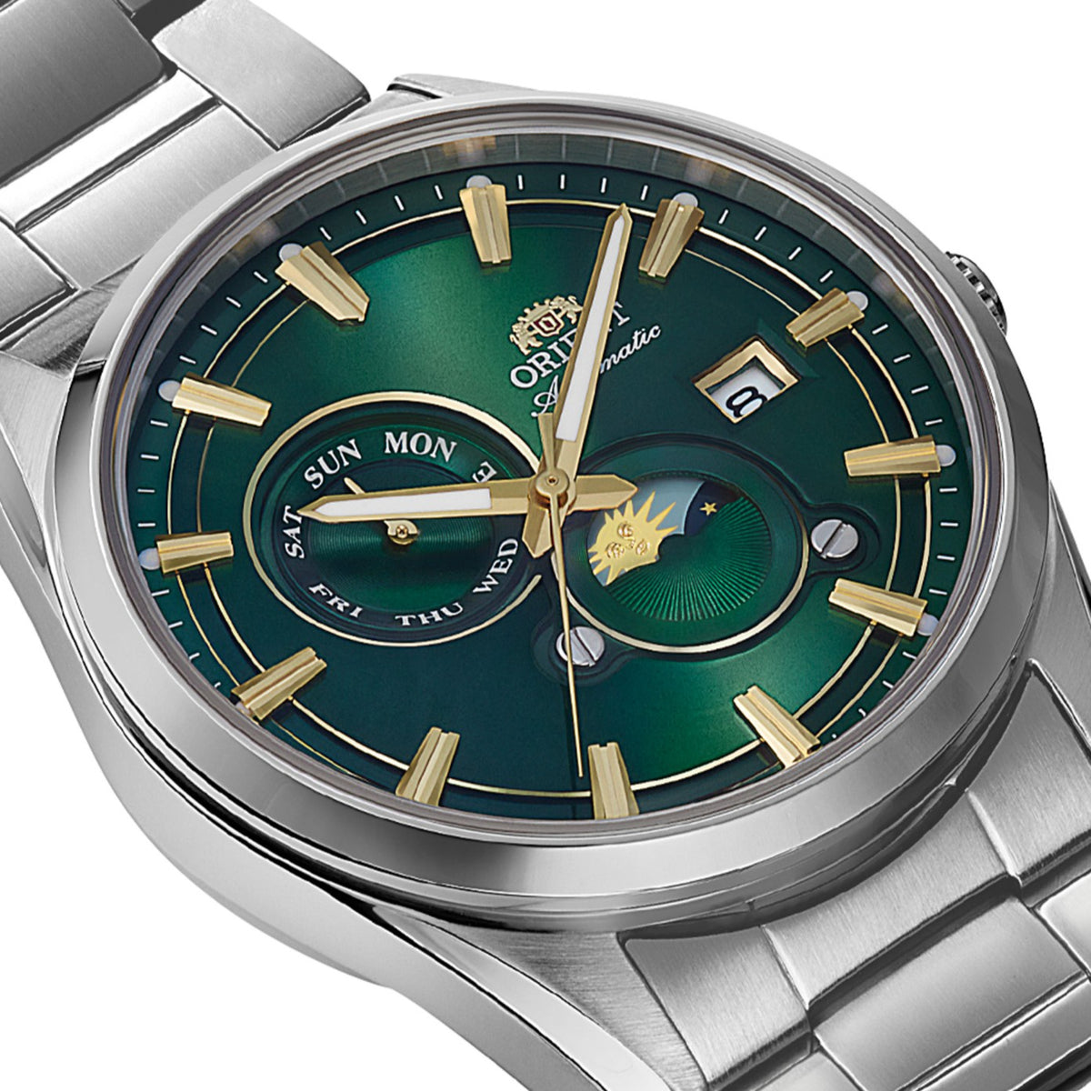 Close-up of Orient Stretto Sun & Moon RA-AK0314E30B mens automatic watch highlighting green dial with date display