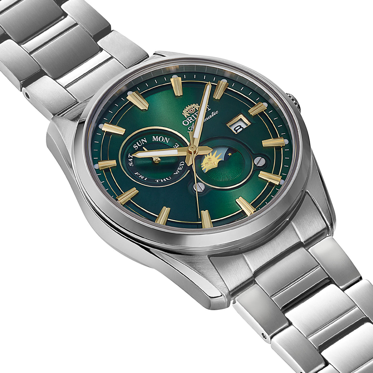 Angled view of Orient Stretto Sun & Moon RA-AK0314E30B mens steel watch showcasing green dial and silver bracelet