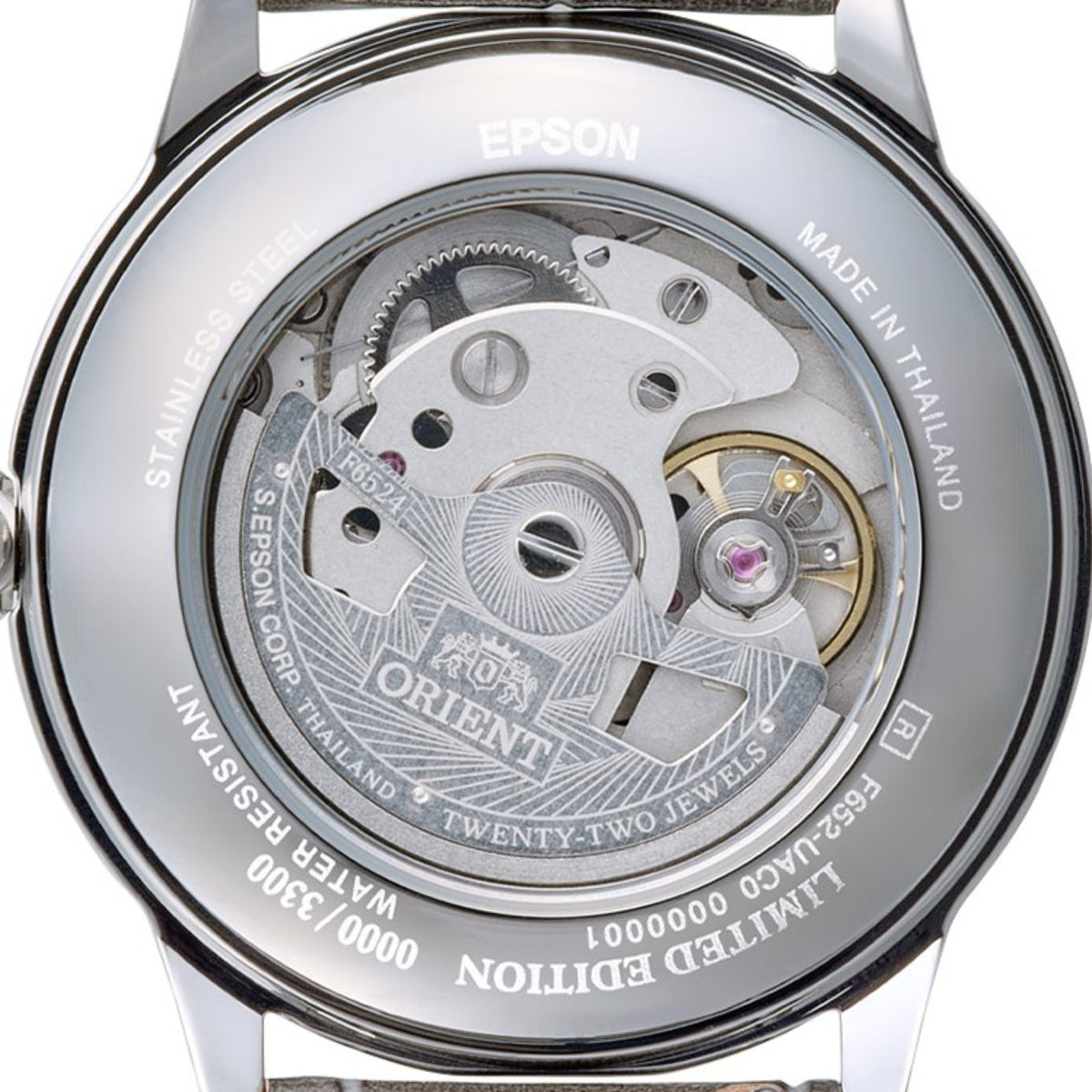 Orient Bambino RA-BB0006N30B close-up back view showing transparent case back and engraved automatic movement details