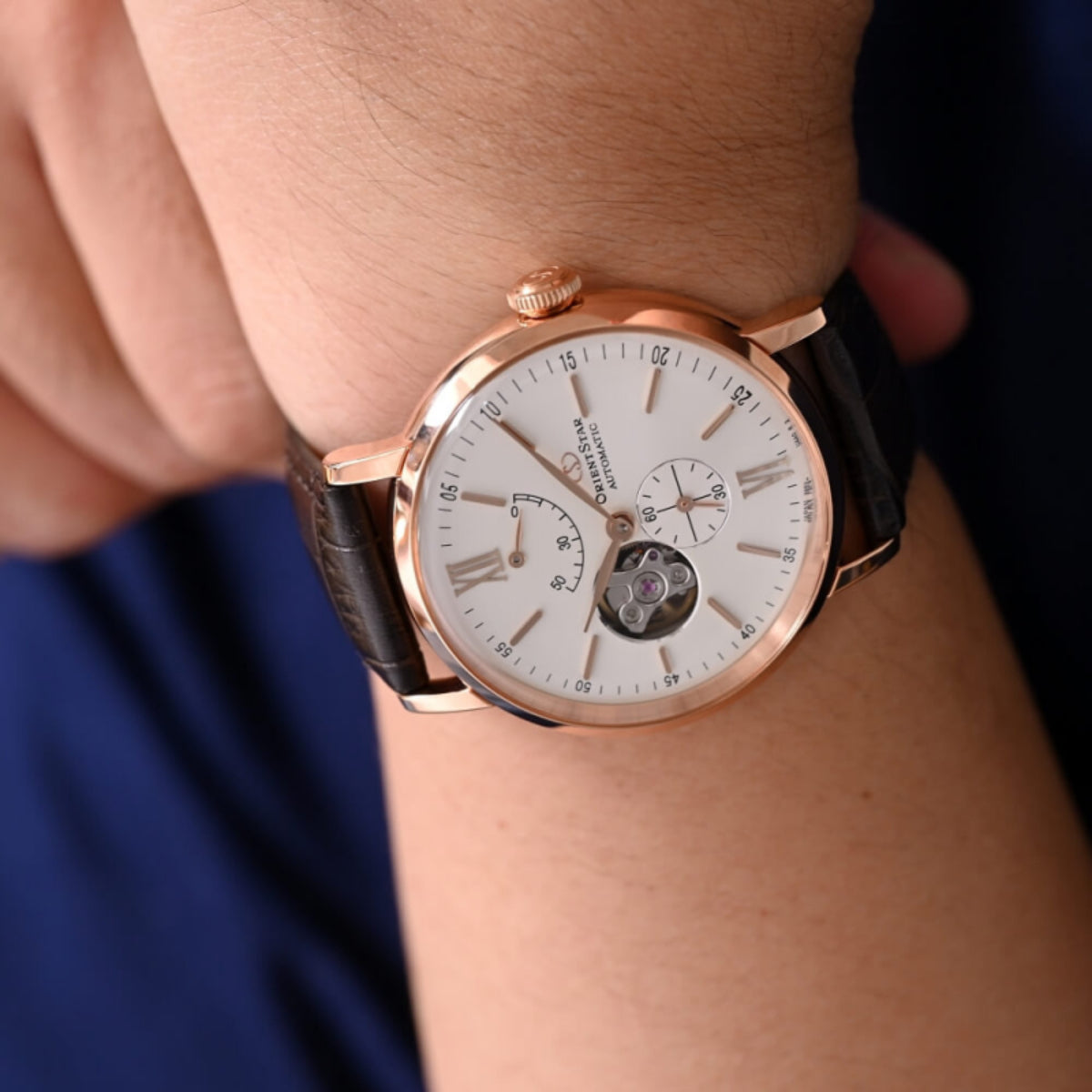 Men's automatic watch, white dial, brown leather strap, rose-gold case with power reserve