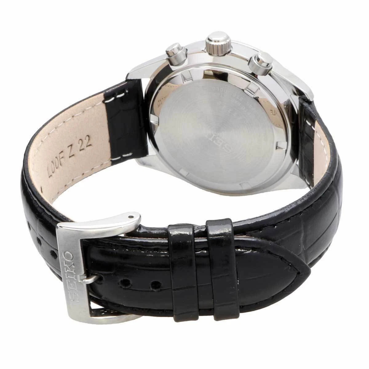 Seiko Essentials SSB383P1 black leather strap with buckle and stainless steel case back profile on white background