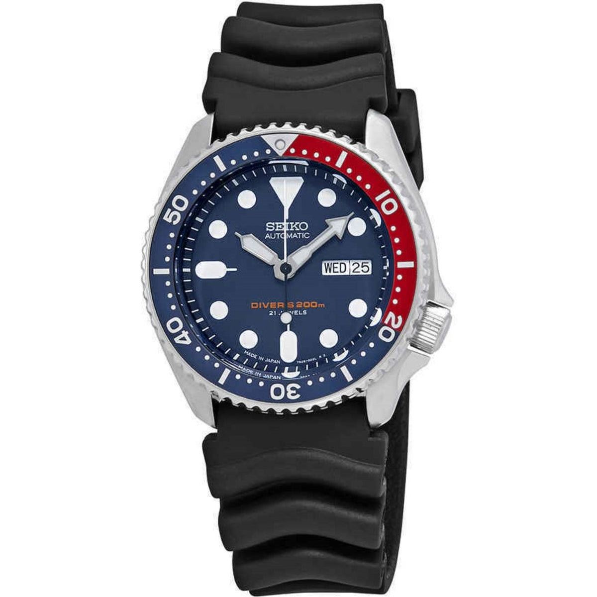 Front view of Seiko SKX009J1 Pepsi Diver watch, featuring a blue dial, red-and-blue bezel, and a wavy black rubber strap.