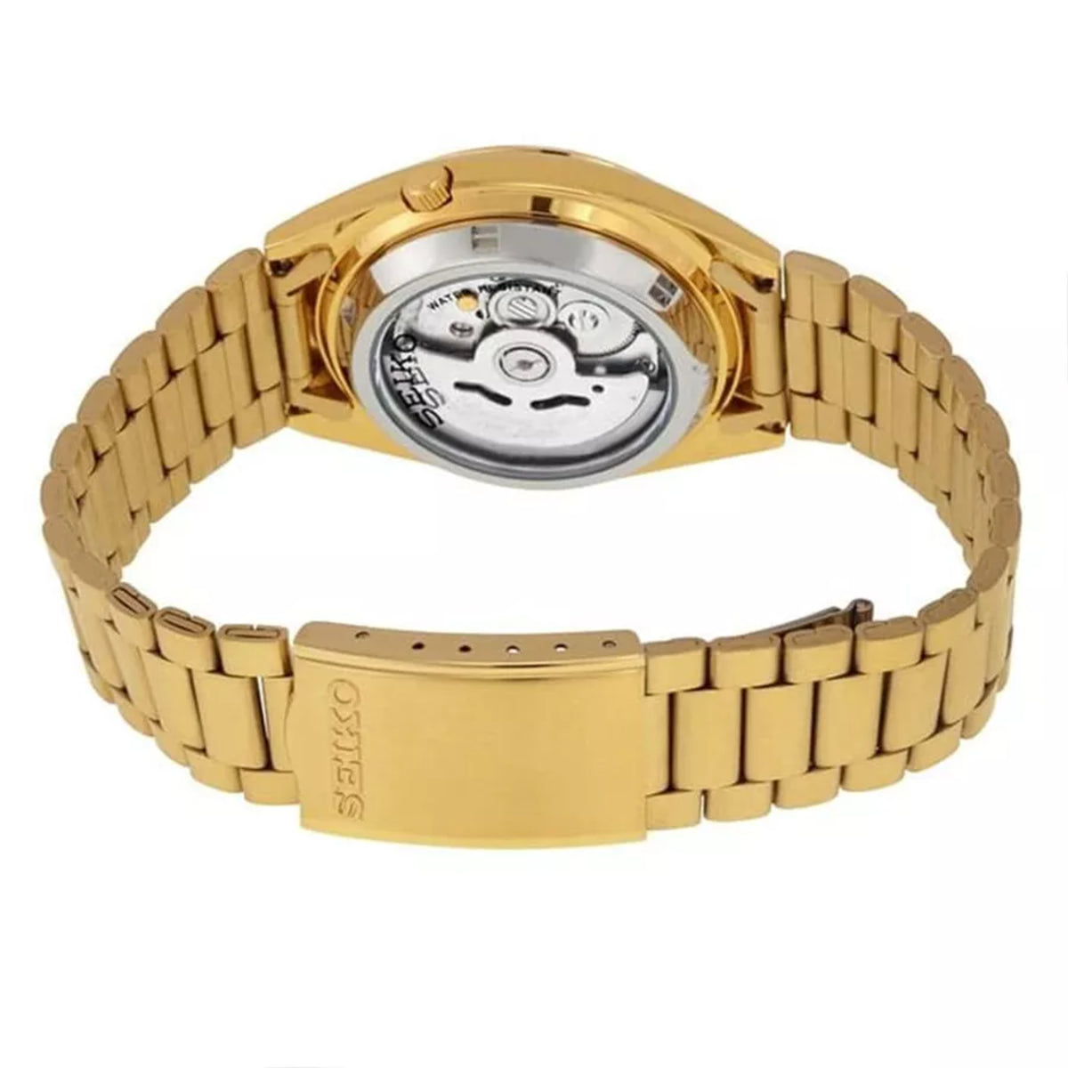 Back view of Seiko 5 automatic gold dial mens watch SNXL72K1 showing its see-through case back, which allows a glimpse of the automatic movement in action