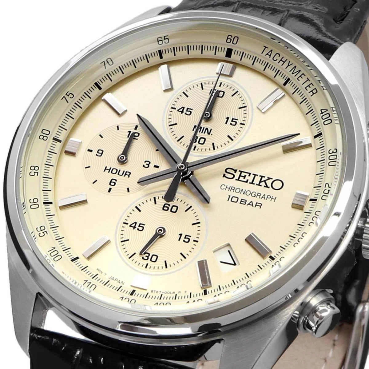 Close-up of Seiko SSB383P1 cream dial chronograph showing sub-dials and date window