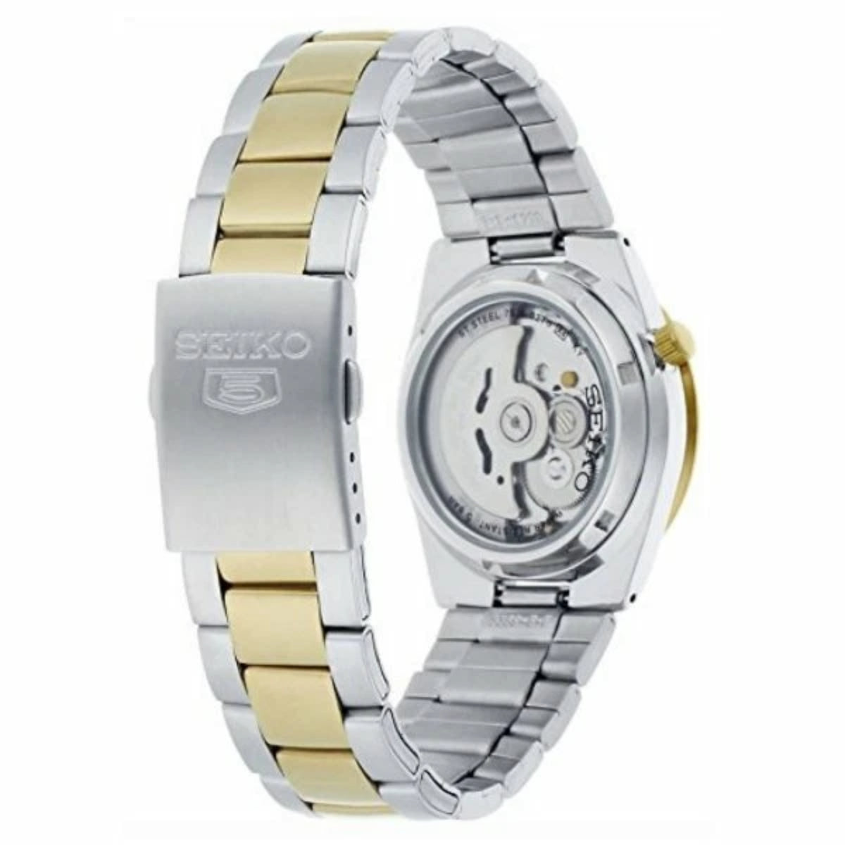 Two-tone gold and silver stainless steel men's automatic watch with engraved caseback