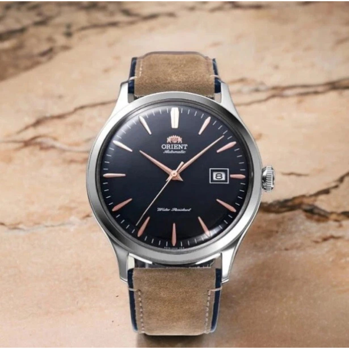 Orient Bambino RA-AC0P02L30B silver case navy dial automatic dress watch