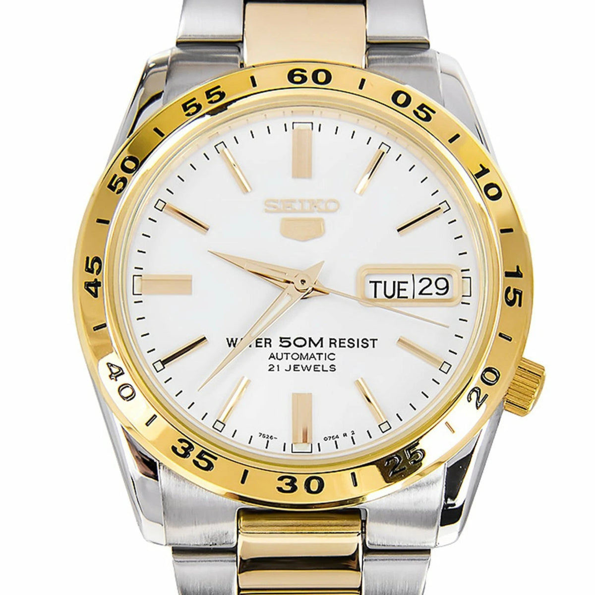 Two-tone gold and silver stainless steel men's automatic watch with white dial and date Tue 29