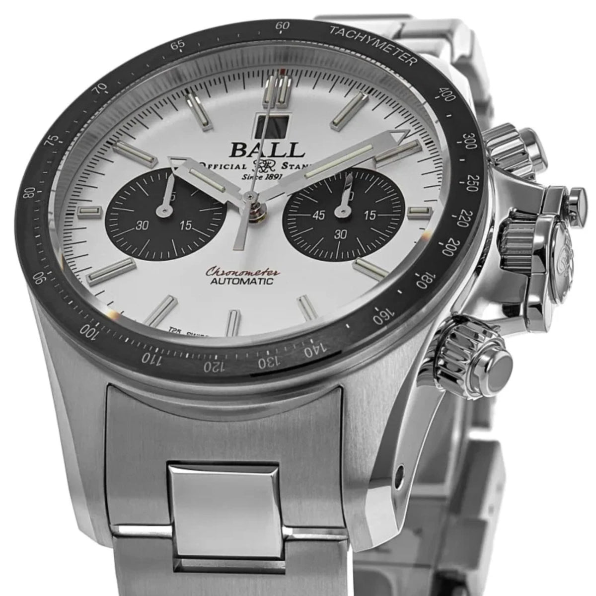 Men's stainless steel chronograph automatic watch with white dial, three black subdials