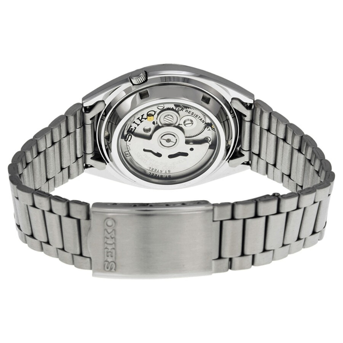 Seiko 5 Classic SNXS77K1 exhibition case back and folded link stainless steel bracelet