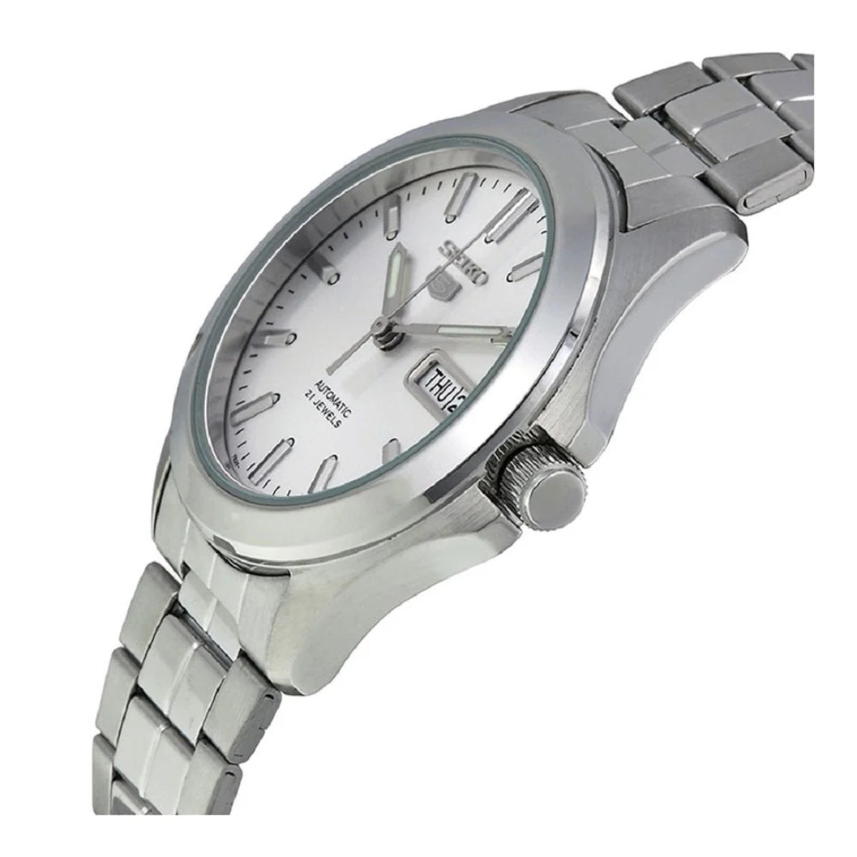 Seiko 5 automatic men's watch with white dial and steel bracelet, side crown detail