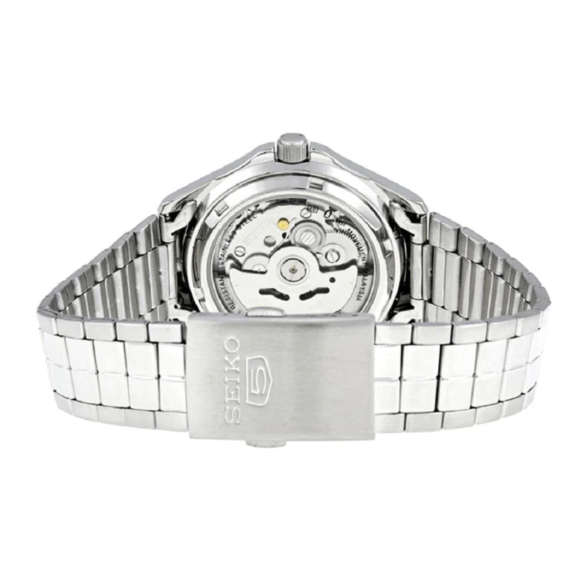 Seiko 5 automatic men's watch with steel bracelet and see-through caseback movement