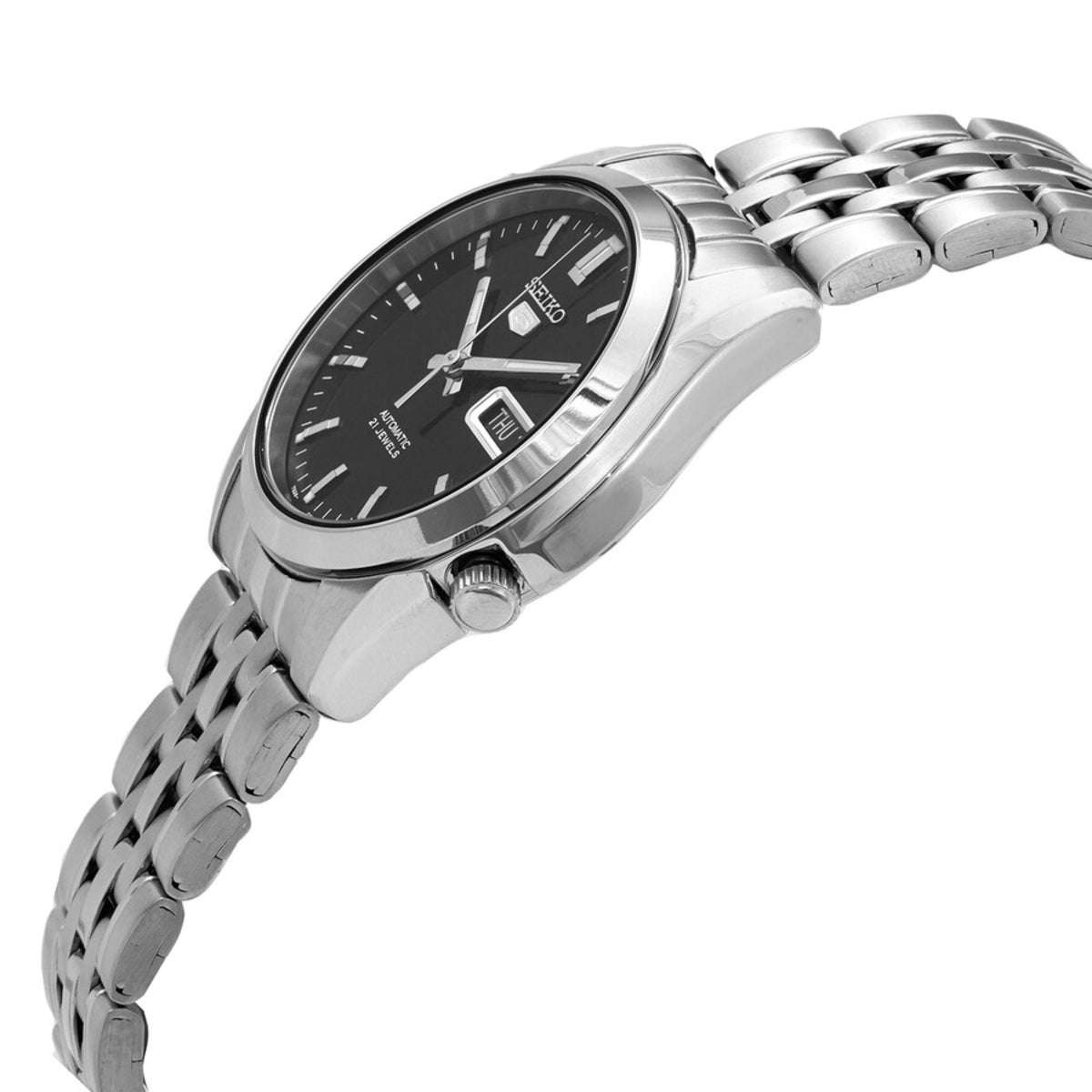 Men's stainless-steel watch with black dial and metal bracelet, angled side view