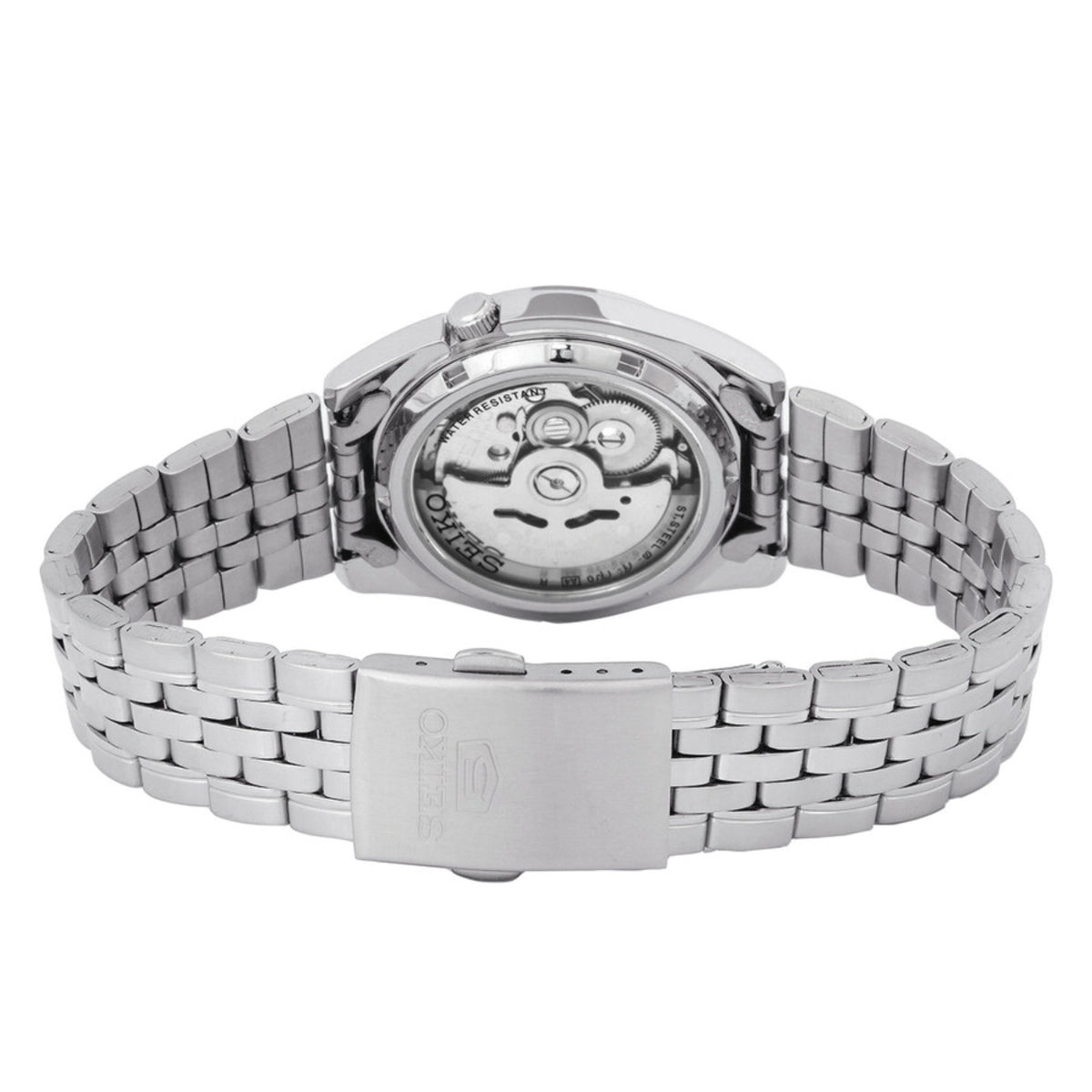 Men's stainless-steel watch back view with bracelet links and visible movement