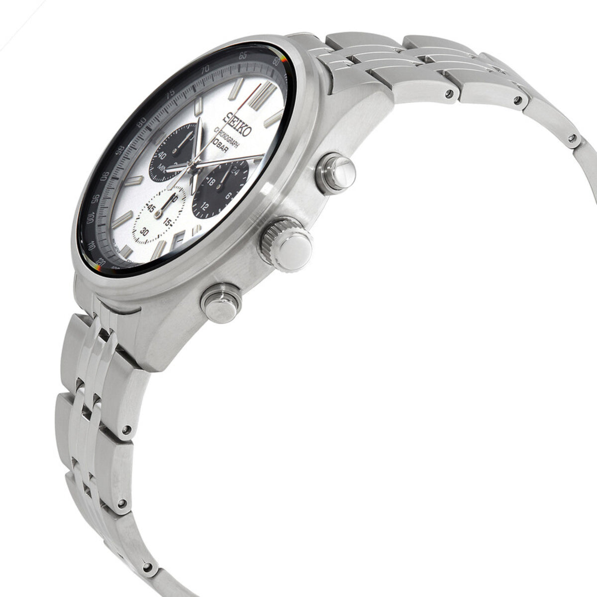 Seiko Essentials SSB425P1 Chronograph Panda Dial with stainless steel bracelet side view
