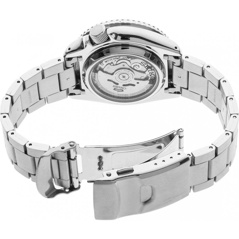 Seiko watch case back with engraved markings and stainless bracelet