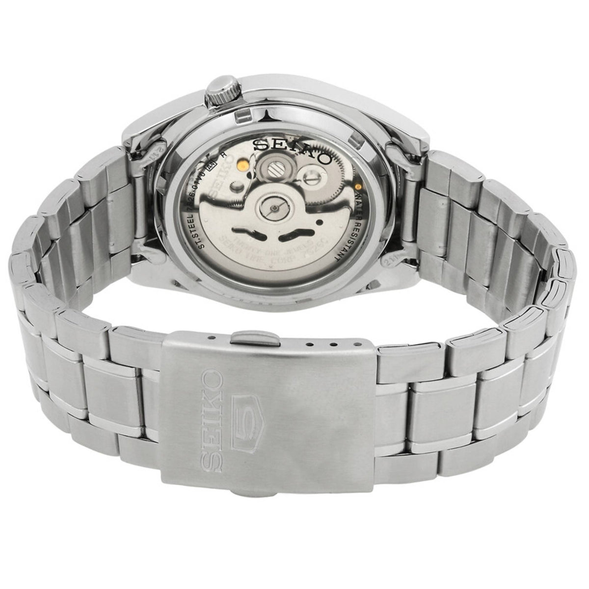 Seiko 5 Automatic SNKL51K1 exhibition case back and stainless steel strap clasp detail