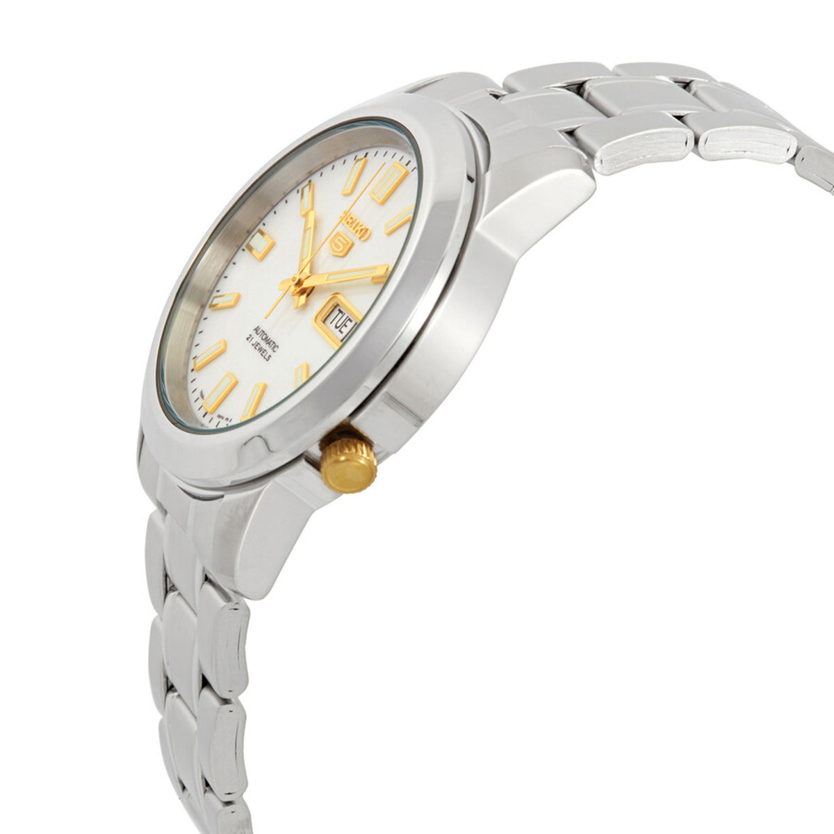 Seiko 5 automatic watch with crown at side, white dial, gold hands, steel case