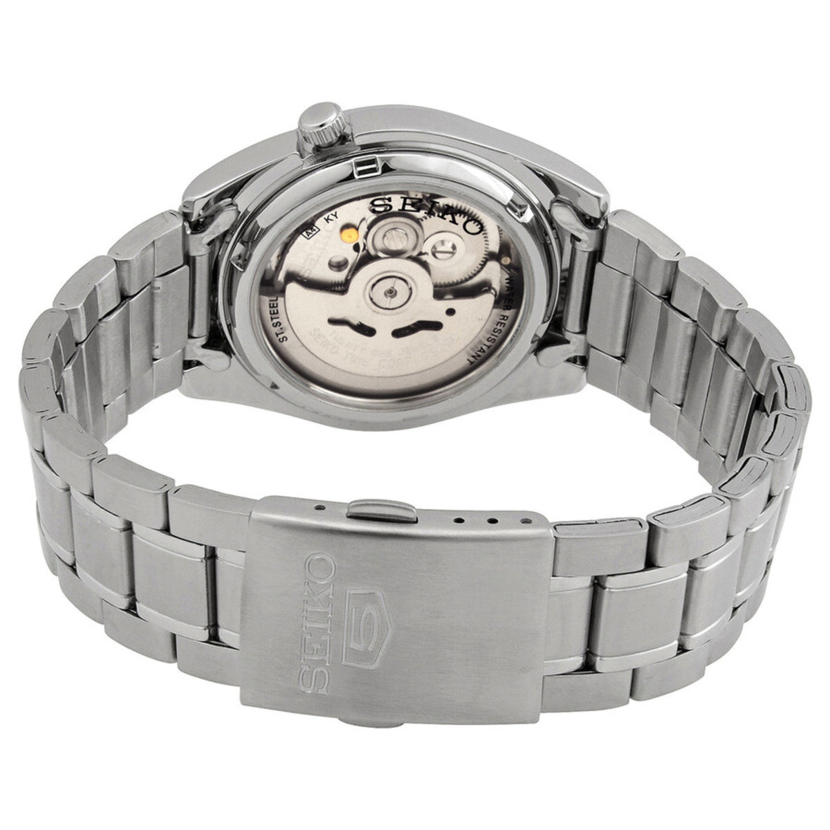 Seiko 5 SNKL45K1 38mm stainless steel case-back and bracelet on white background
