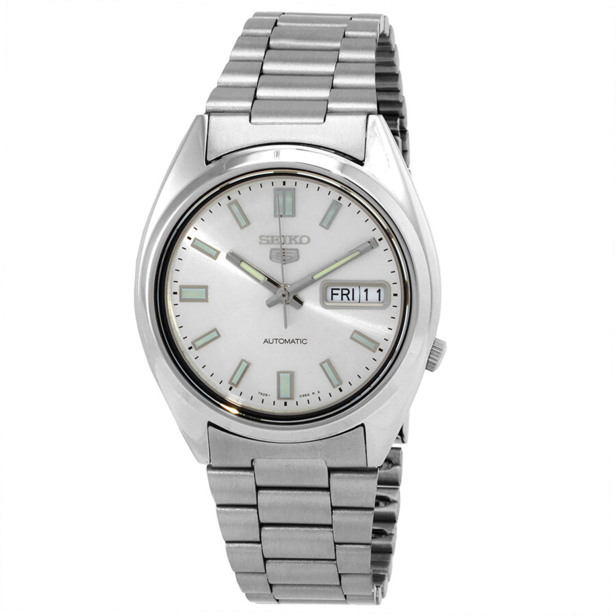 Seiko 5 Automatic mens watch SNXS73K1 front view with stainless steel case, multi-link bracelet, and silver dial