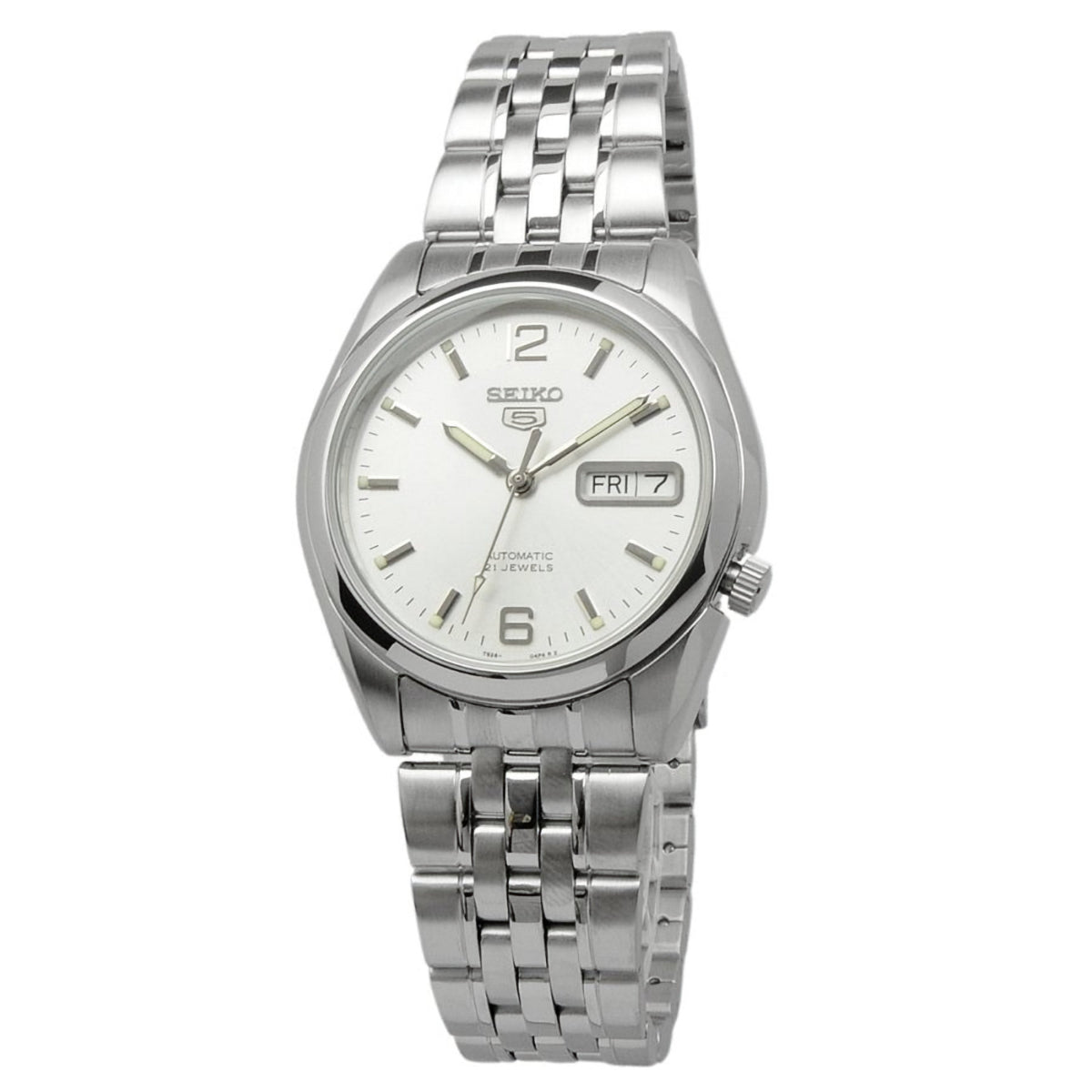 Front view of Seiko 5 SNK385K1 stainless steel watch with silver dial, metal bracelet, and day-date window