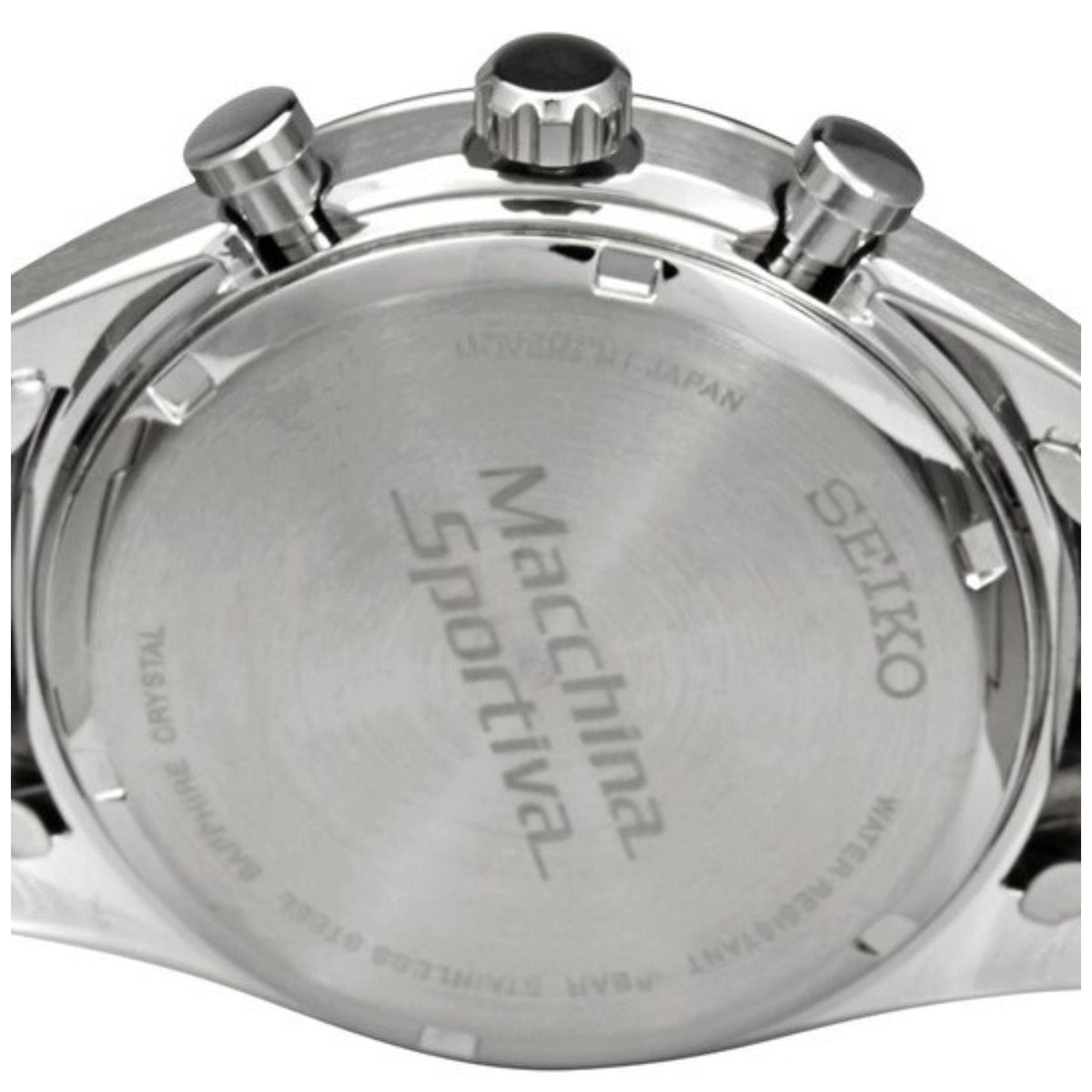 Seiko Essentials SSC769P1 Macchina Sportiva stainless steel case back showing brand engraving, sapphire crystal text, and chronograph pushers detail