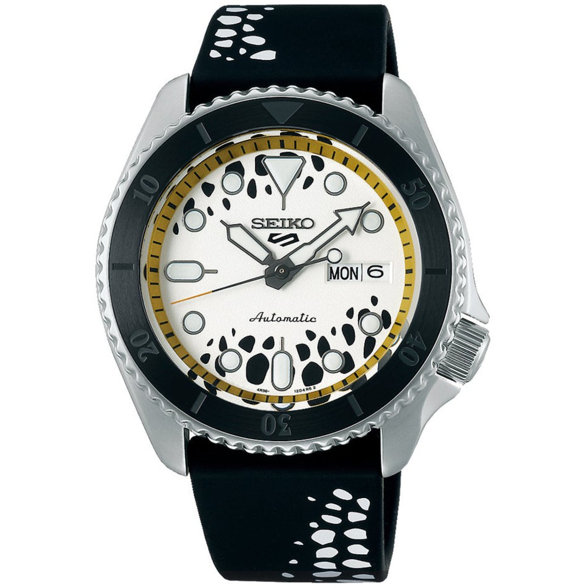 Seiko 5 Sports automatic wristwatch with white dial, black silicone strap, round steel case