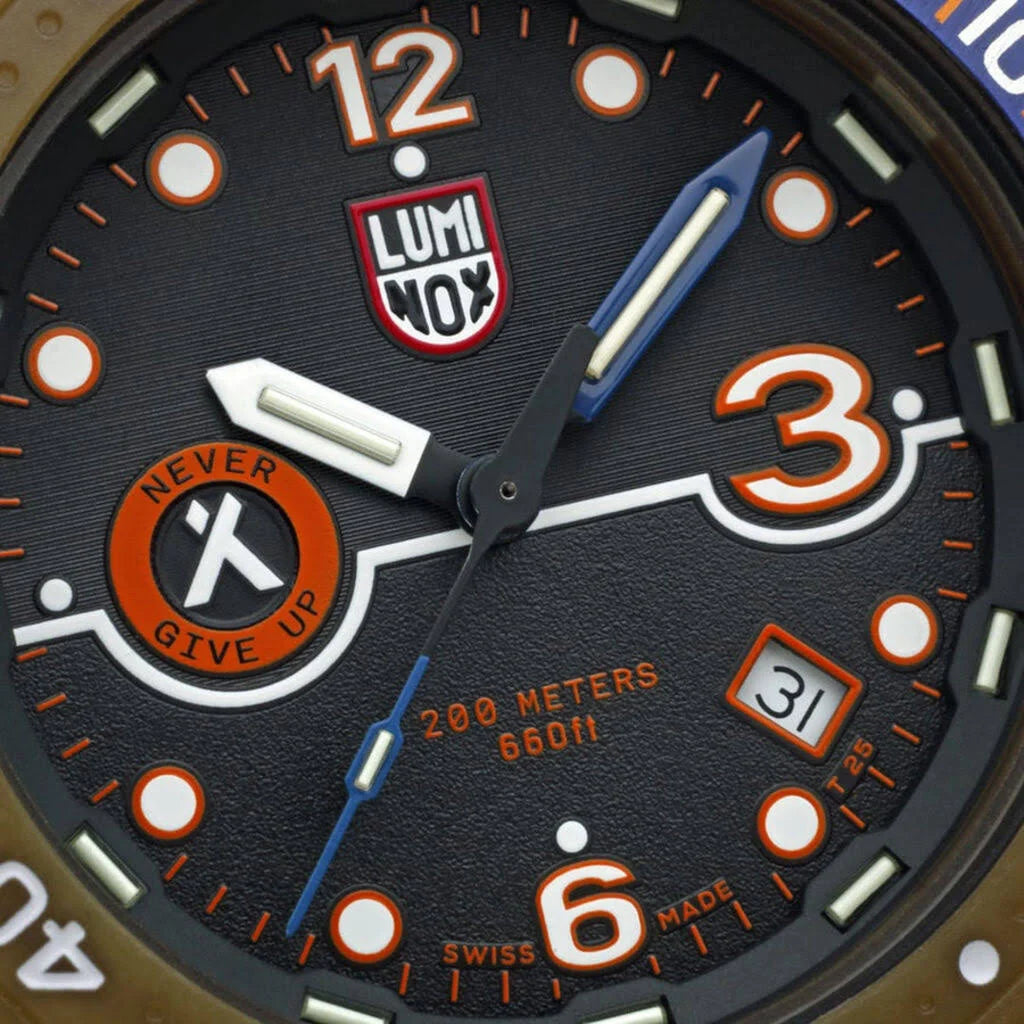 Men's black dial quartz wristwatch close-up with orange markers and blue hour hand