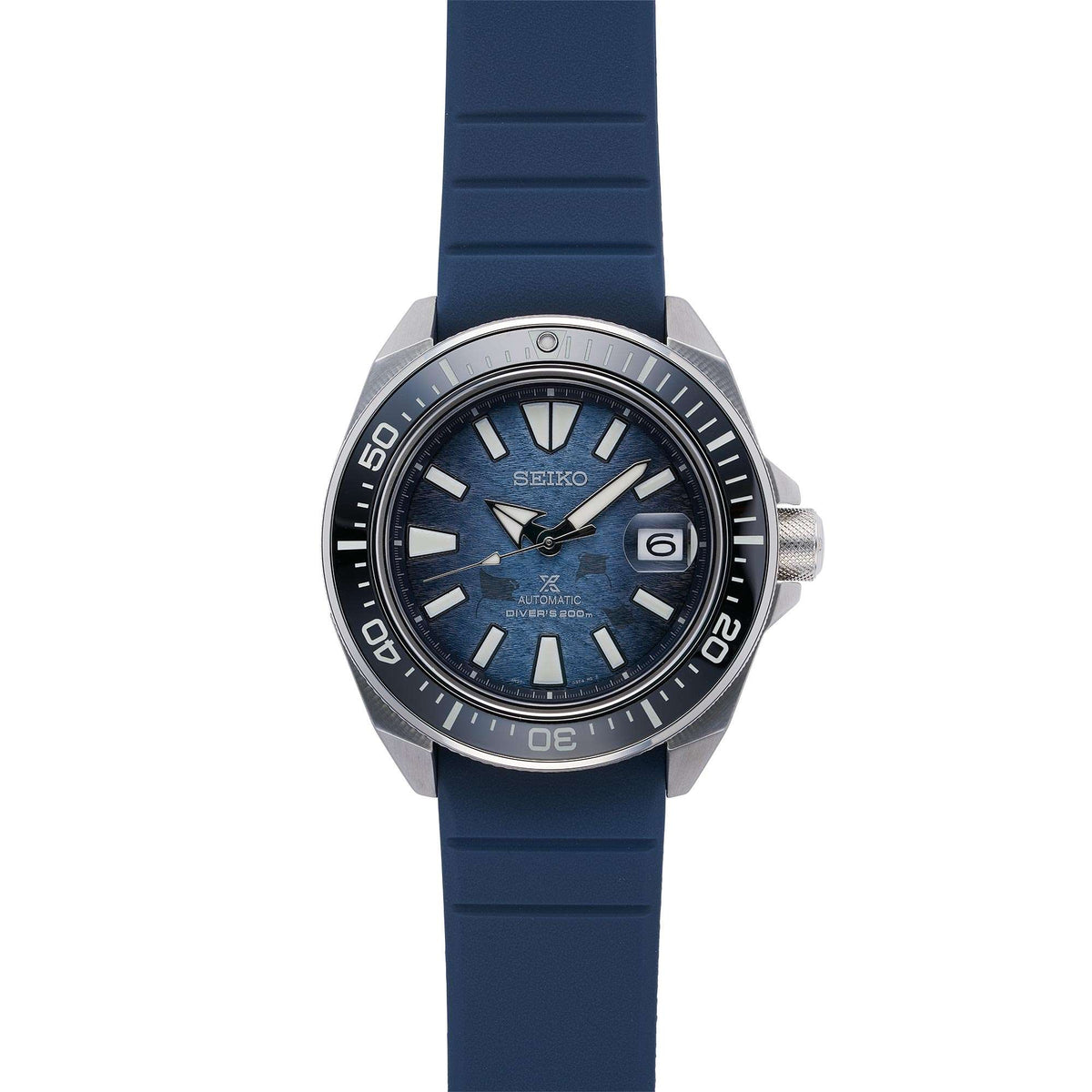 Men's Seiko diver watch with blue dial, bezel markers, date window, and blue silicone strap