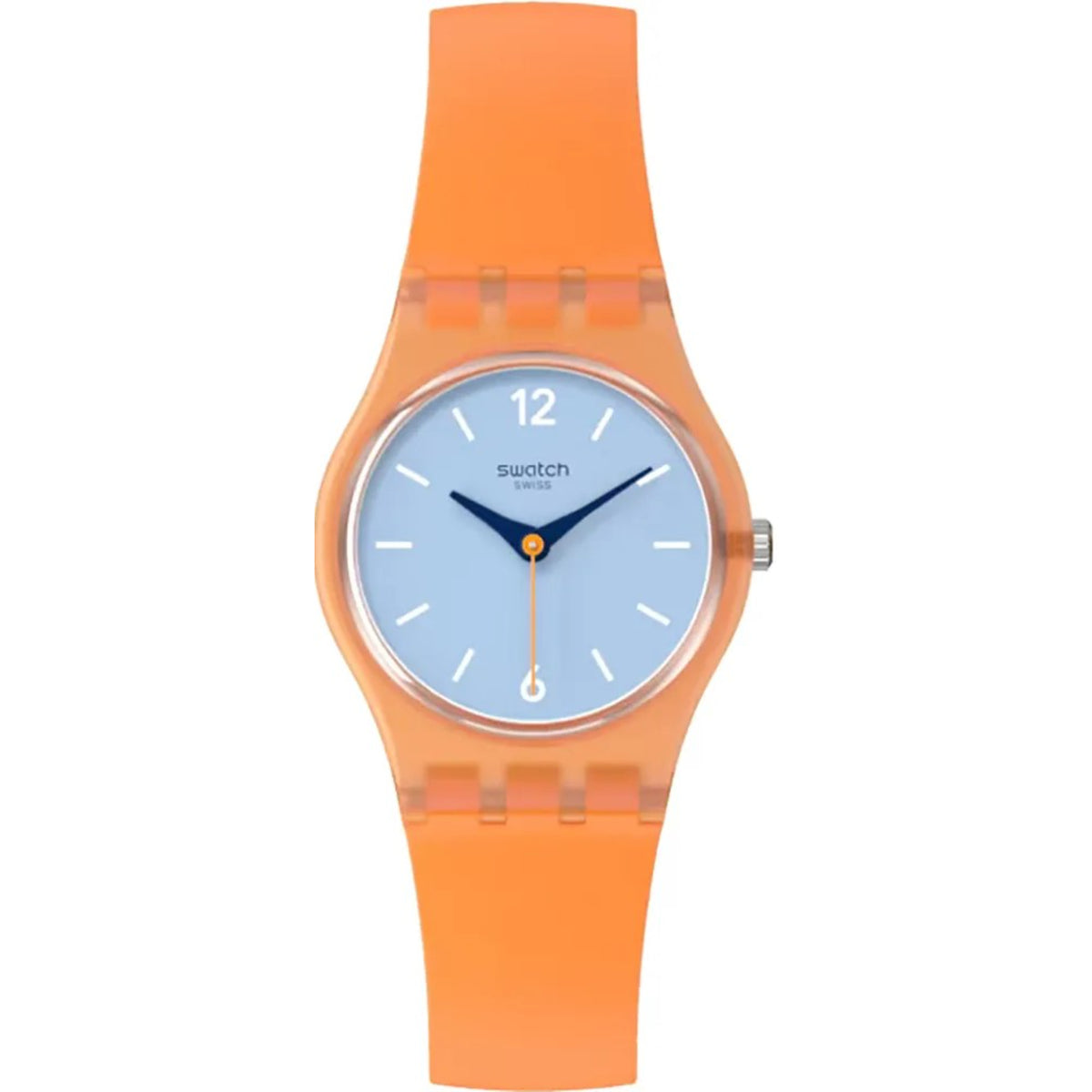Swatch wristwatch with light blue dial, round case, orange silicone strap