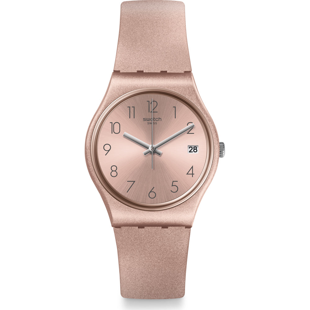 Rose quartz ladies watch with round gray dial, date window, and silicone strap