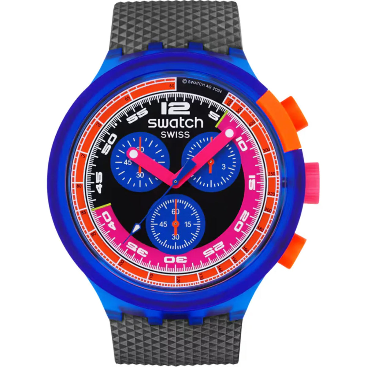 Men's neon dial chronograph watch with blue case, black strap, orange bezel markers