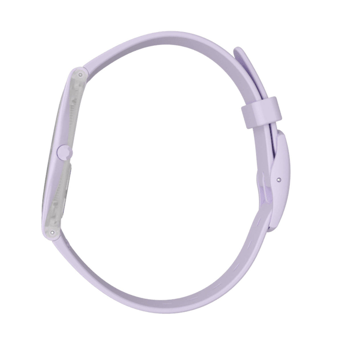 Lavender silicone watch strap with buckle and clasp, no dial visible