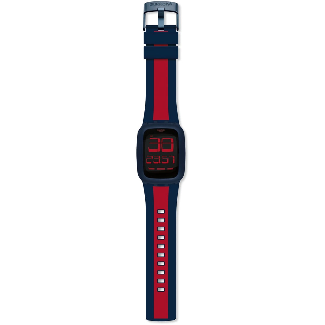 Men's digital watch with navy silicone strap, red accents, and red LED time display