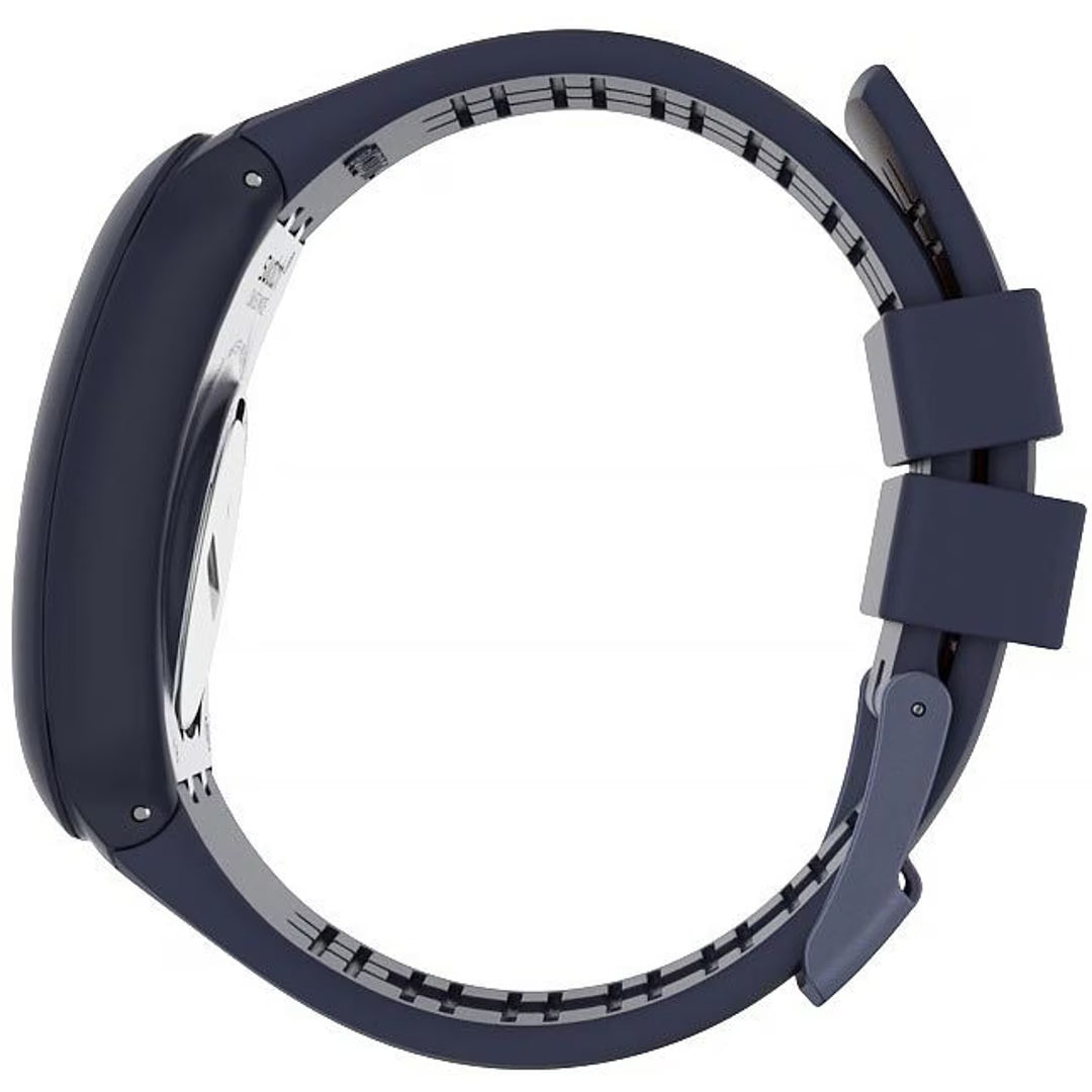 Silicone watch band and dark navy case with silver bezel, close-up angle