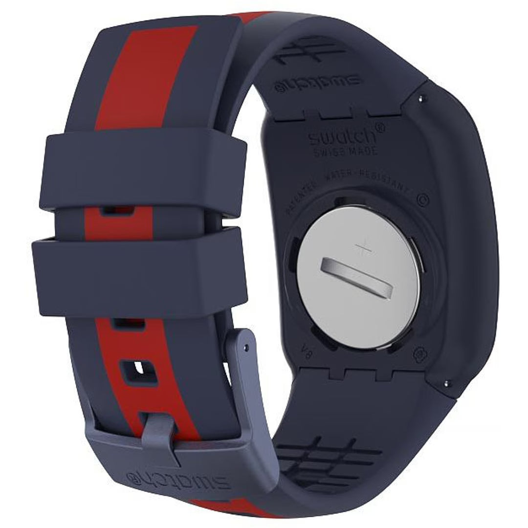 Men's digital watch side view with dark navy strap, red stripes, and circular screen
