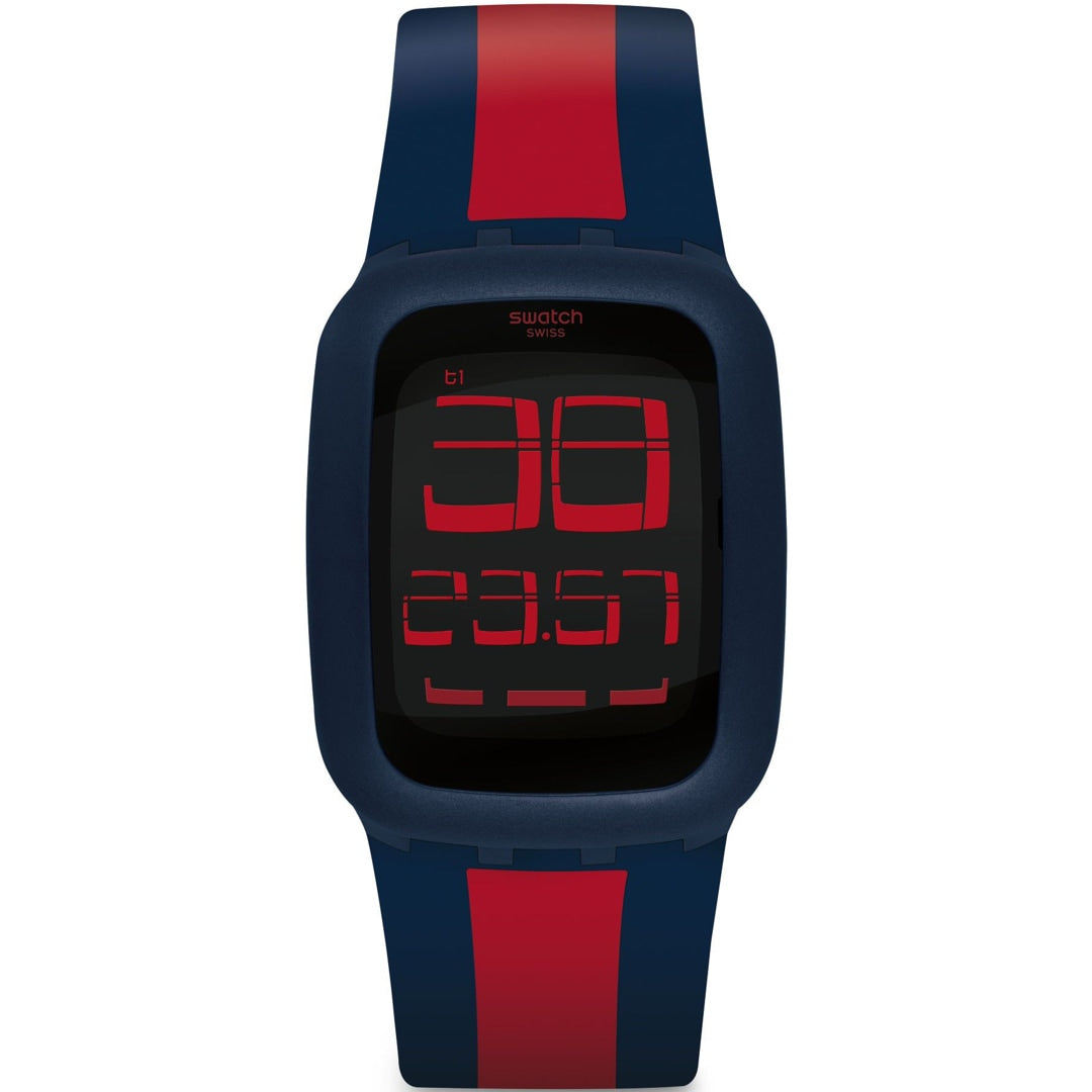 Men's digital watch with navy silicone strap, red bezel accents, and red LED display