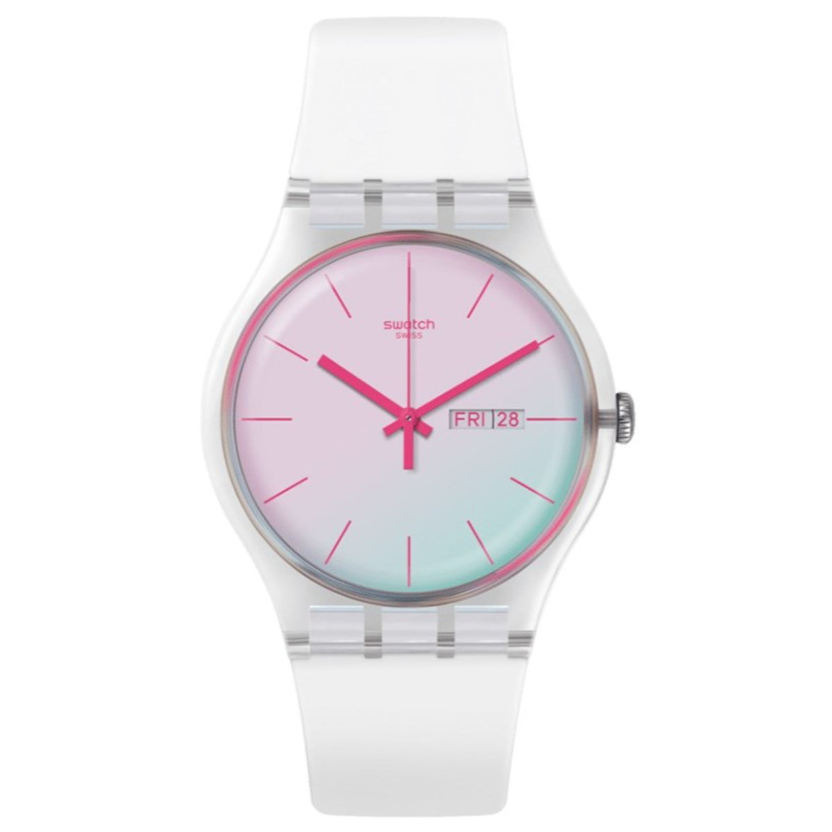 White silicone quartz wristwatch with round pink-to-blue dial, pink hands, date window