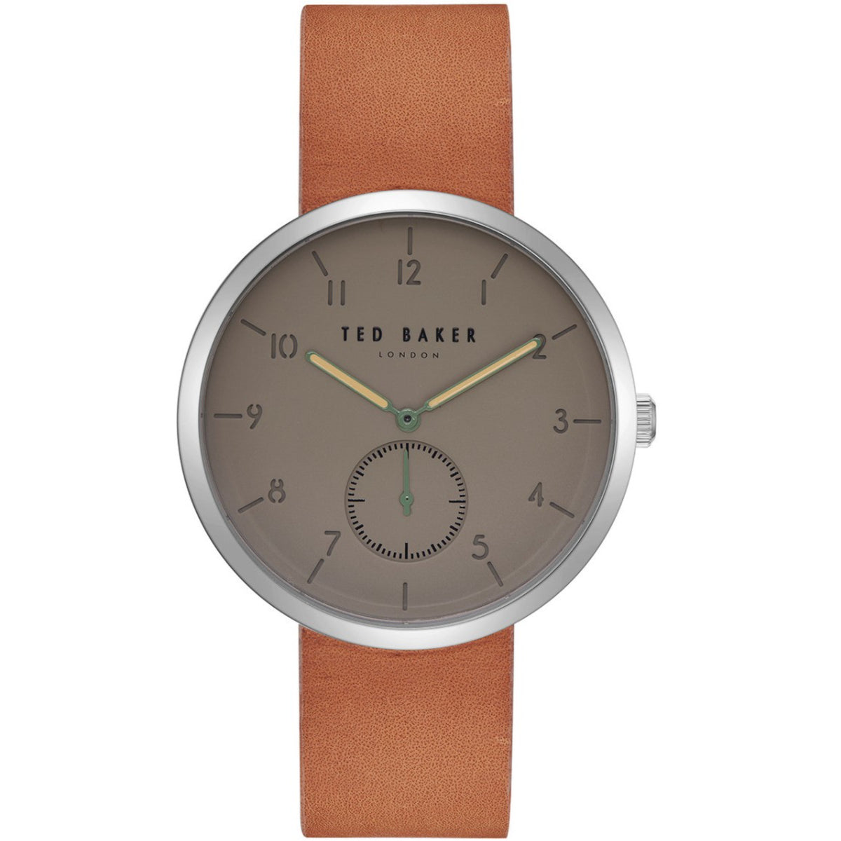 Men's round watch with brown leather strap, grey dial, silver case, subdial at 6