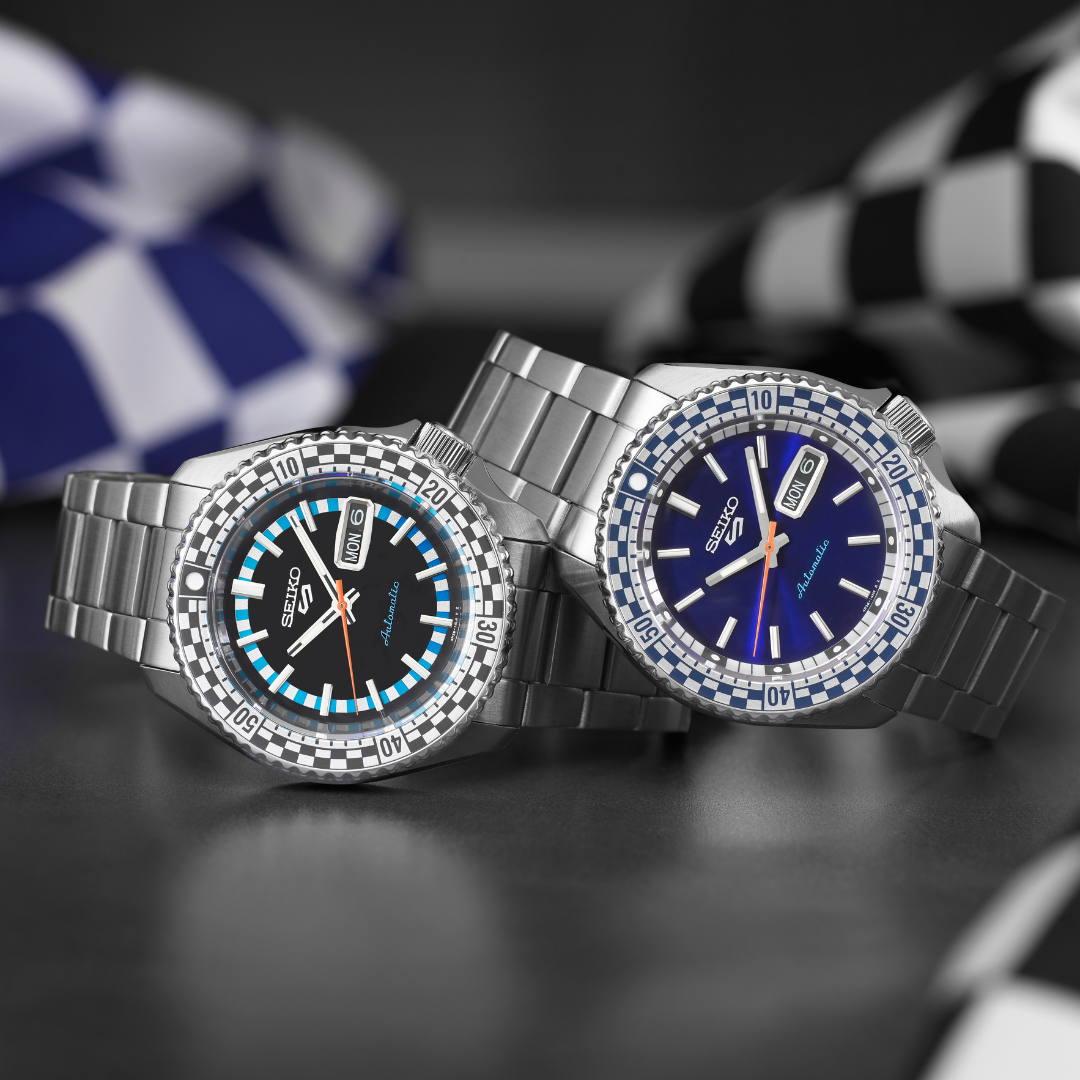 Seiko 5 Sports SRPK67K1 black dial and blue dial variants side by side