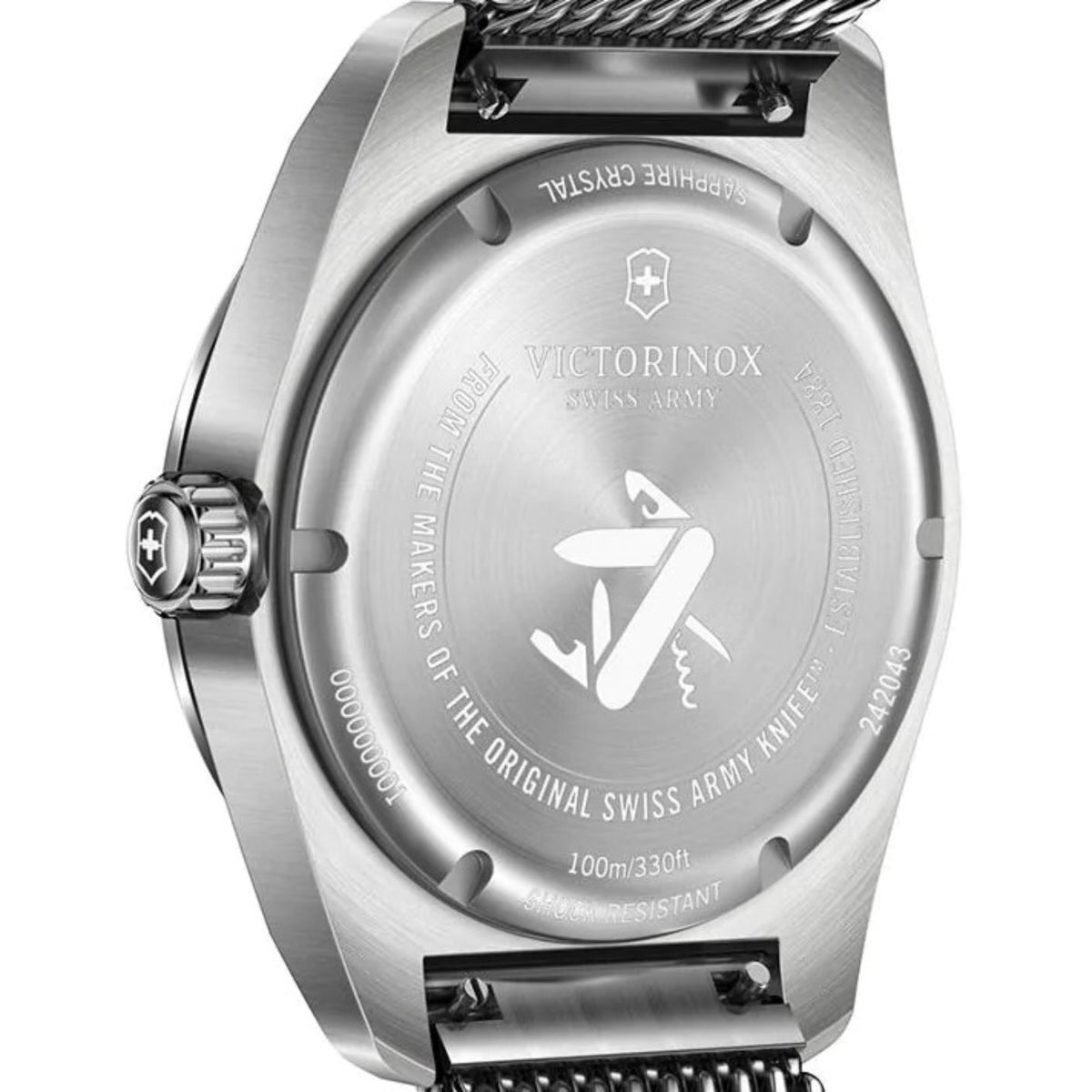 Engraved stainless steel caseback with Swiss Army-style emblem and 100 m marking
