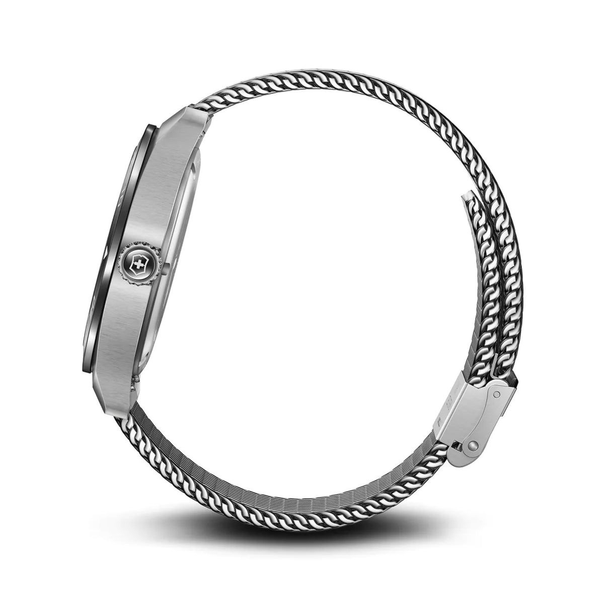 Steel mesh watch bracelet with clasp and curved case edge
